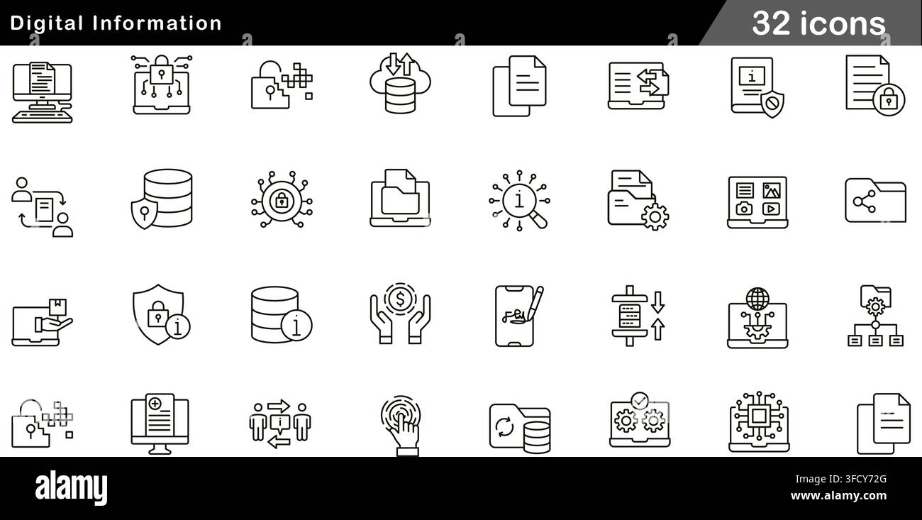 Vektor-Illustrationsset mit 32 digitalen Informationssymbolen, darunter Cloud-Daten, Dateisicherheit, Informationssuche, Netzwerkdir und Linien-Symbole. Stock Vektor