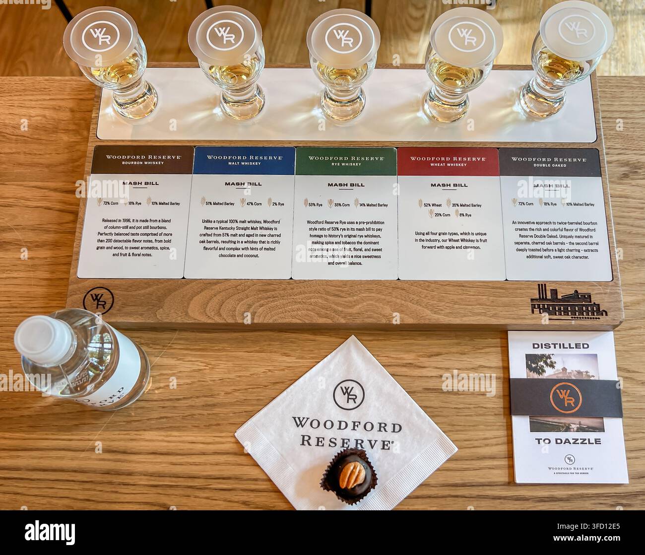 Woodford Reserve Whiskey Verkostungsflug mit fünf verschiedenen Auszügen und Bildungsdiagrammen für Maischebilanzen, Brauerei-Rundgangerlebnis in Kentucky Stockfoto