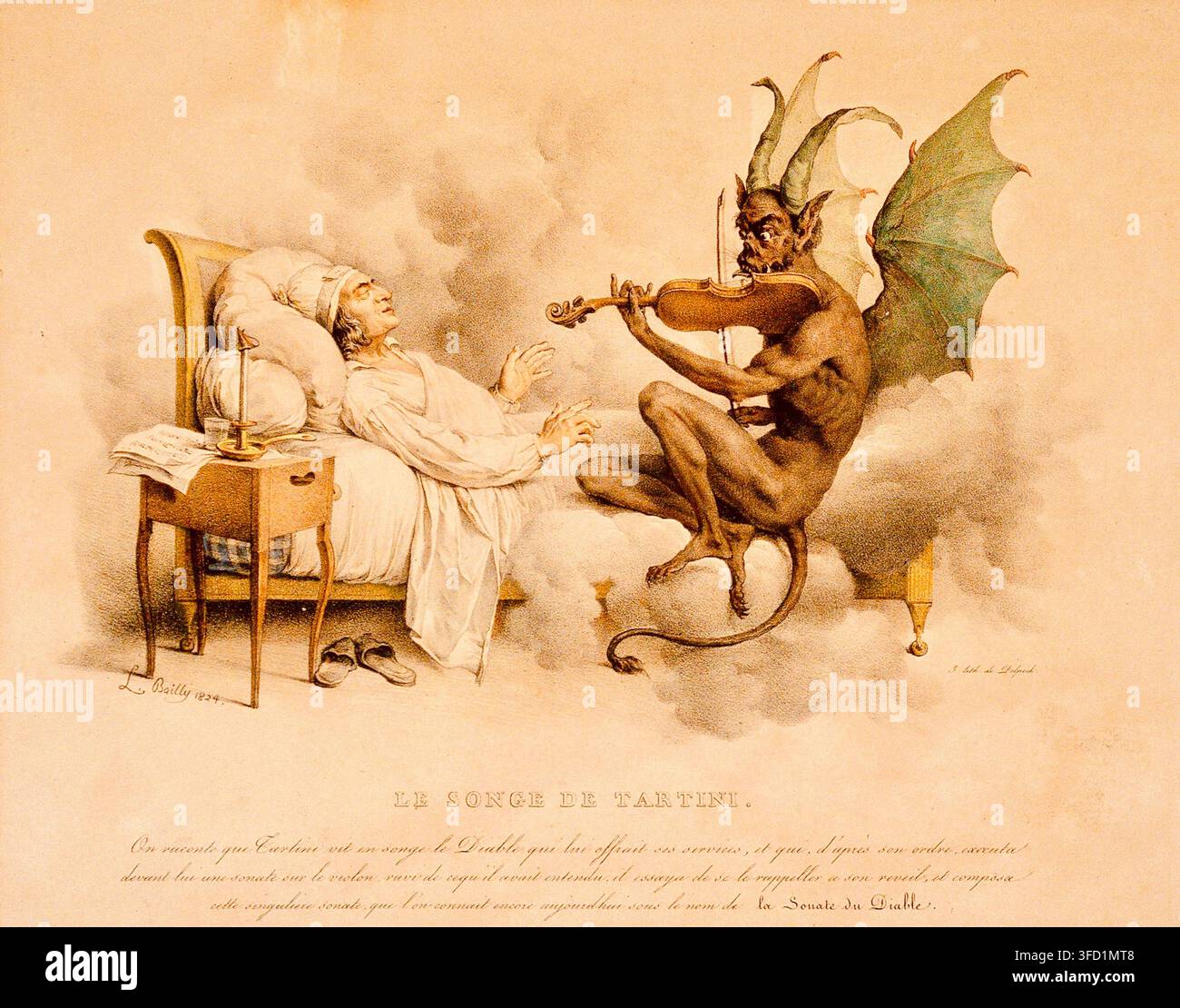 Louis-Léopold Boilly - Tartinis Traum - 1824 - Im Jahr 1713 träumte der italienische Komponist und Violinist Giuseppe Tartini, dass der Teufel am Fußende seines Bettes erschien und eine großartige, makellose Violinsonate spielte. Als Tartini aufwachte, eilte er zu seinem Schreibtisch, um die Musik aus dem Gedächtnis niederzuschreiben, was sein berühmtestes Werk wurde, die Teufels Triller-Sonate (Il trillo del diavolo). Boillys Illustration fängt den surrealen Moment aus dem Traum ein und zeigt Tartini, wie er im Bett ruht, während ein gehörnter, geflügelter Dämon auf einer Wolke sitzt und für ihn Geige spielt. Stockfoto