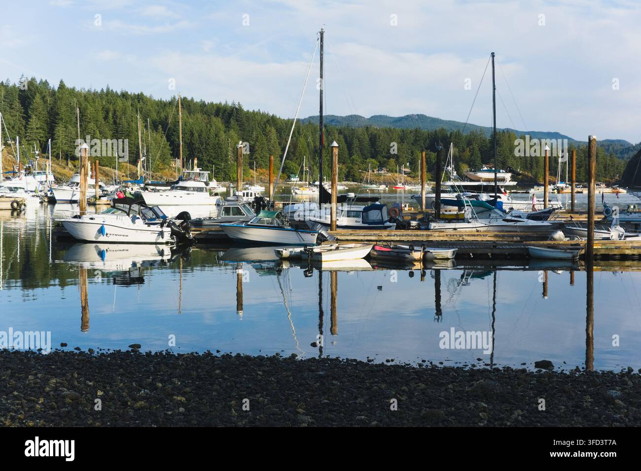 Docks und Pfähle mit ruhenden Booten, die sich im ruhigen Wasser des Hafens von Heriot Bay auf Quadra Island, British Columbia, spiegeln. Stockfoto