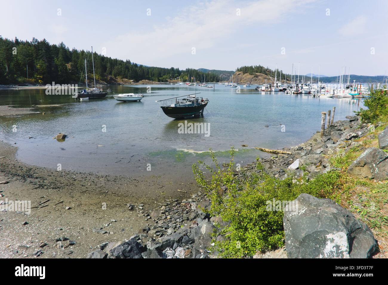 Kleine Boote, die in den flachen Gewässern des Hafens von Heriot Bay bei Ebbe auf Quadra Island, British Columbia, Kanada, treiben. Stockfoto