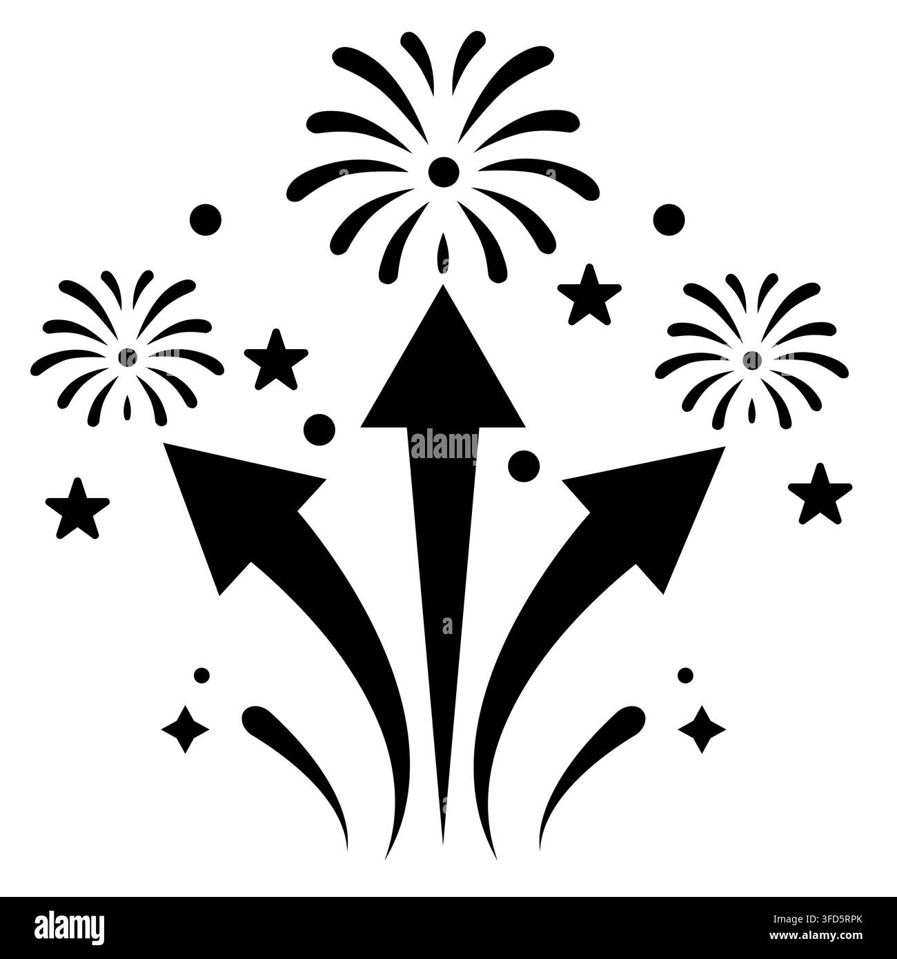 Feuerwerk mit aufwärts zeigenden Pfeilen Symbol. Feuerwerk-Explosionszeichen. Feuerwerk mit Sternen Symbol. Feuerwerk, das mit Sternen und Funken explodiert Logo. Stockfoto