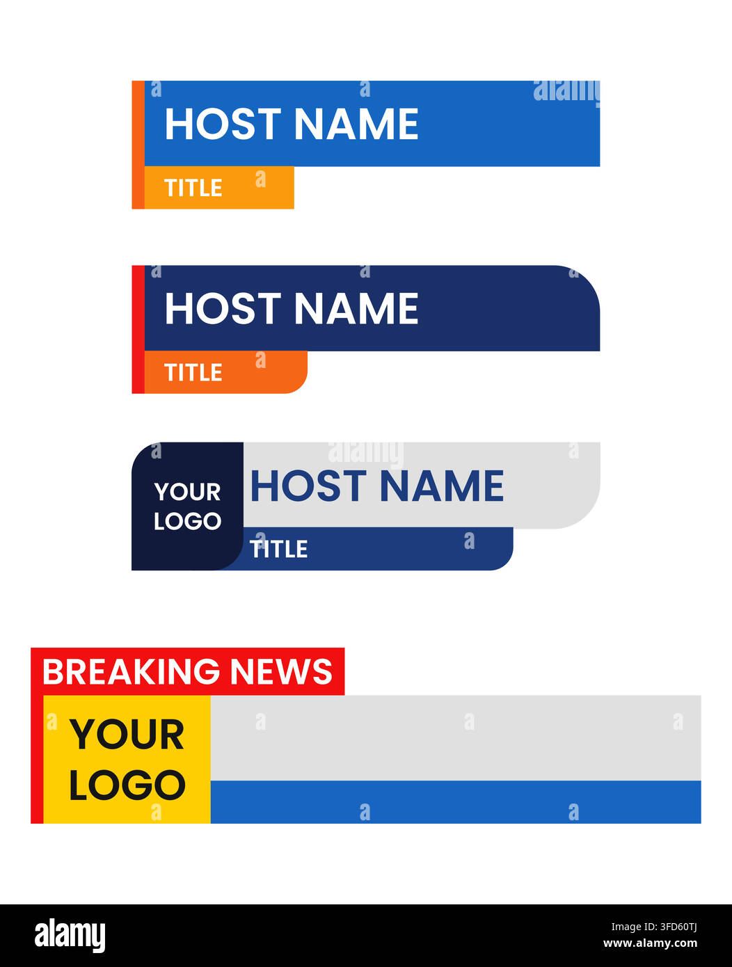 Vektor-Illustrationsset von Broadcast-Lower-Thirds- und Breaking-News-Banner-Vorlagen mit Platzhaltertext für Moderatorennamen und Logo Stock Vektor