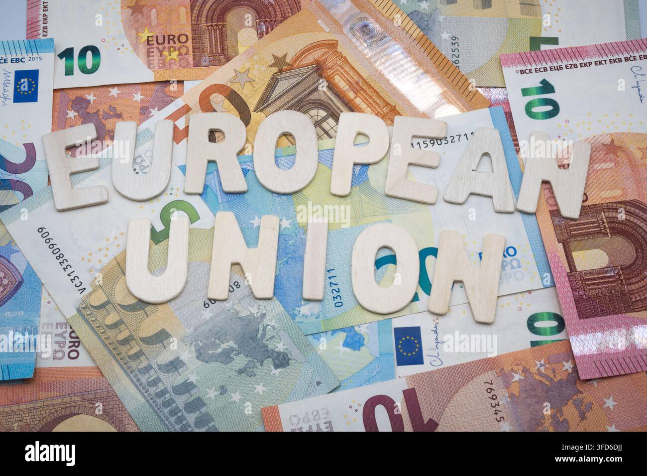 Banknoten der Europäischen Union, niedrige Stückelungen. Stockfoto