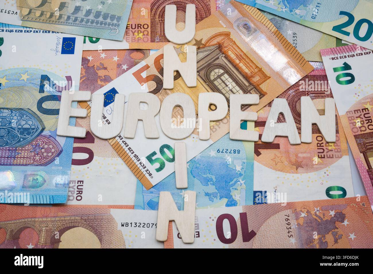 Banknoten der Europäischen Union, niedrige Stückelungen. Stockfoto