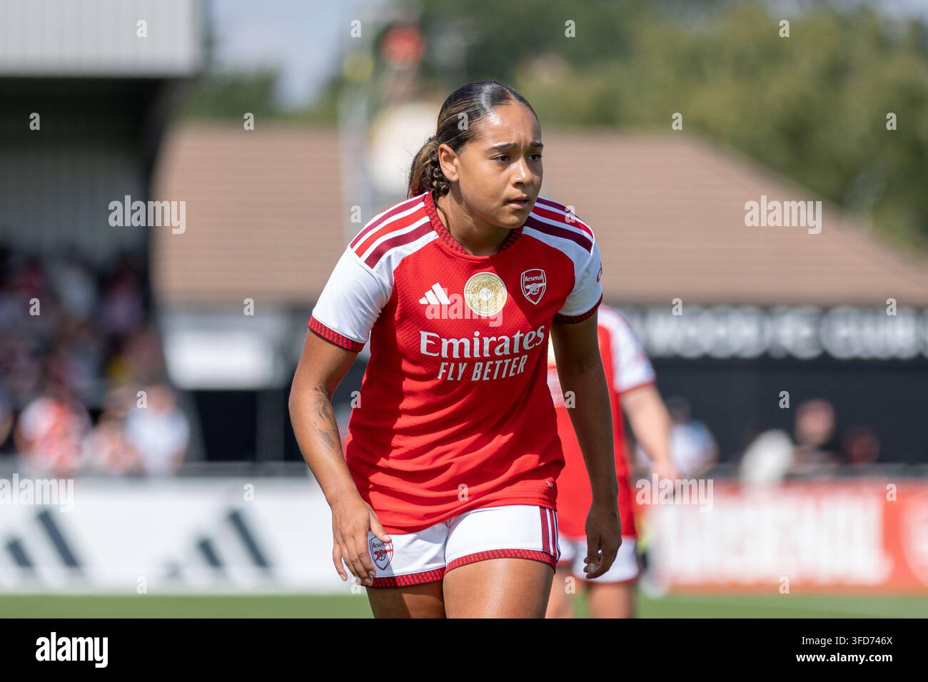 Borehamwood, UK, 23. Aug. 2026. Olivia Smith von Arsenal Frauen während des Vorsaison-Freundschaftsspiels zwischen Arsenal und Paris FC. Stockfoto