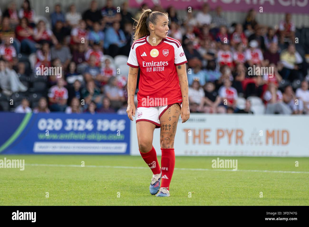 Borehamwood, UK, 26. Aug. 2026. Georgia Stanway von Arsenal Women während des Vorsaison-Freundschaftsspiels zwischen Arsenal und Charlton Athletic Women. Stockfoto