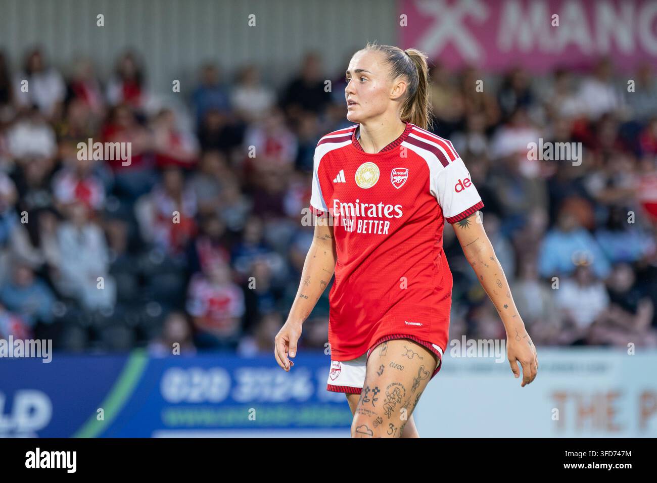 Borehamwood, UK, 26. Aug. 2026. Georgia Stanway von Arsenal Women während des Vorsaison-Freundschaftsspiels zwischen Arsenal und Charlton Athletic Women. Stockfoto