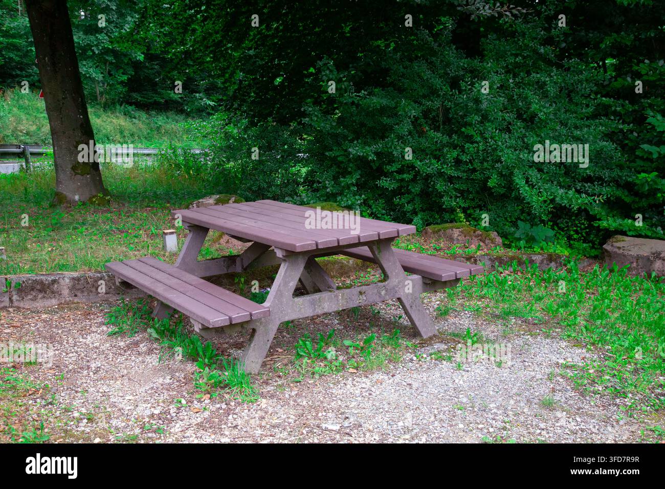 Dieses ruhige Naturfoto zeigt einen friedlichen Waldpicknickplatz, der sich in einer üppigen Waldumgebung versteckt befindet. Das Hauptmotiv ist ein rustikales Unpa Stockfoto