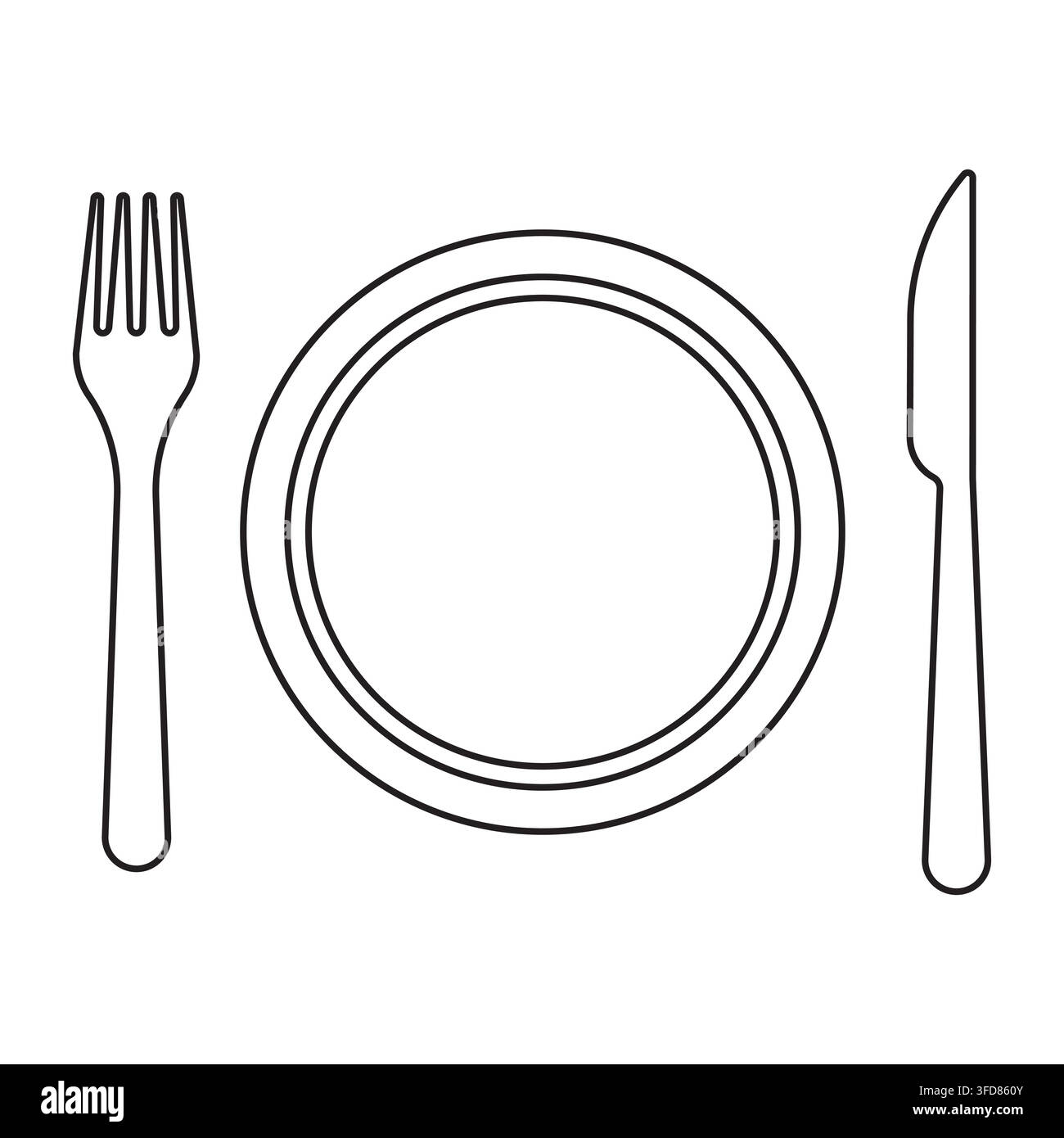 Teller mit Gabel und Messer Restaurantessen schwarzes Vektorlinien-Symbol Stock Vektor