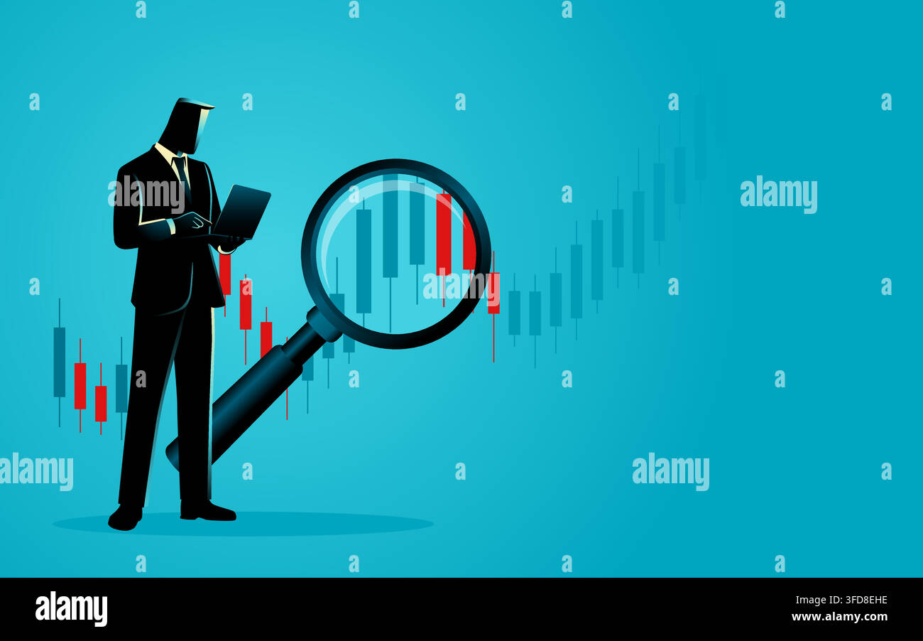 Illustration zur Aktienmarktanalyse, Finanzanalyst mit Lupe, Technische Analyse, Investitionsforschung, Handelschart und Marktdaten Co Stock Vektor