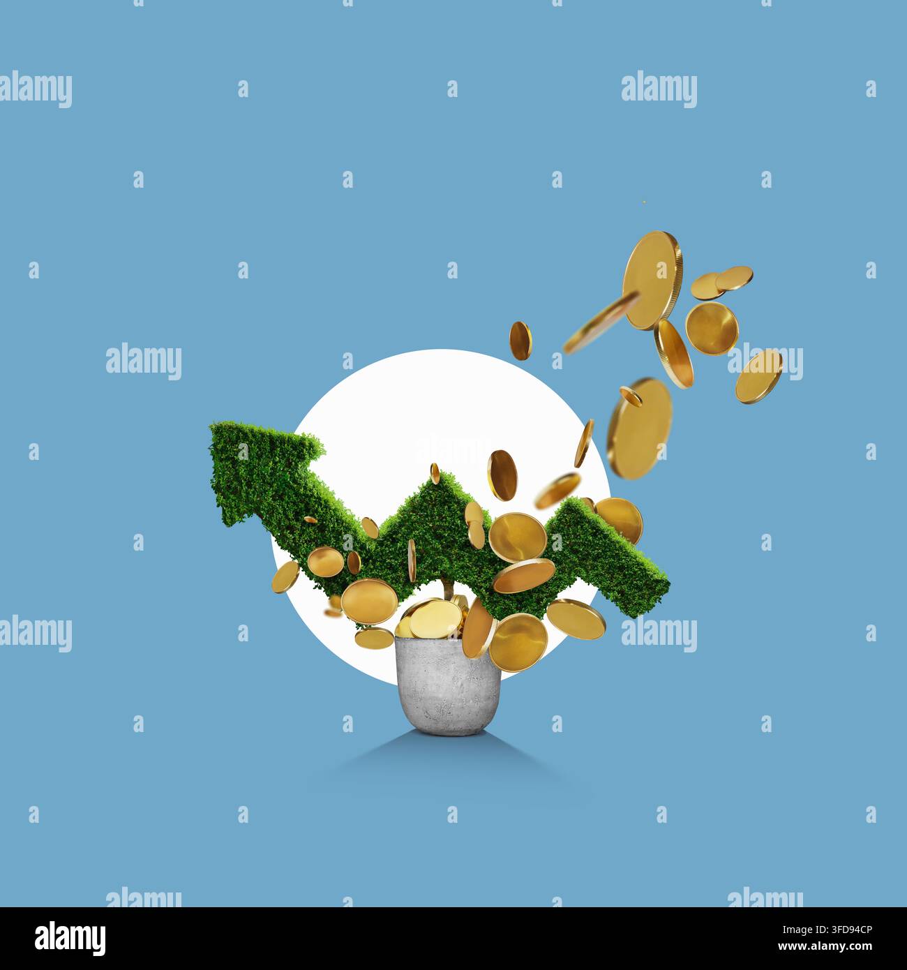 Ein realistischer Pfeil aus frischen grünen Blättern, isoliert auf einem flachen Design-Hintergrund. Finanzkonzept für wachsendes Geld. Stockfoto
