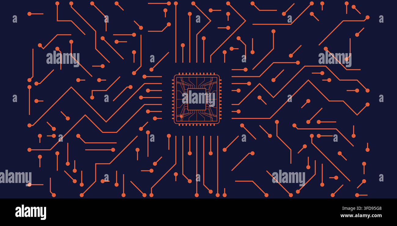 Abstrakter digitaler Schaltkreis-Hintergrund mit einem zentralen Prozessorchip und kunstvollen leuchtenden orangefarbenen Linien auf einer dunkelblauen Oberfläche Stock Vektor