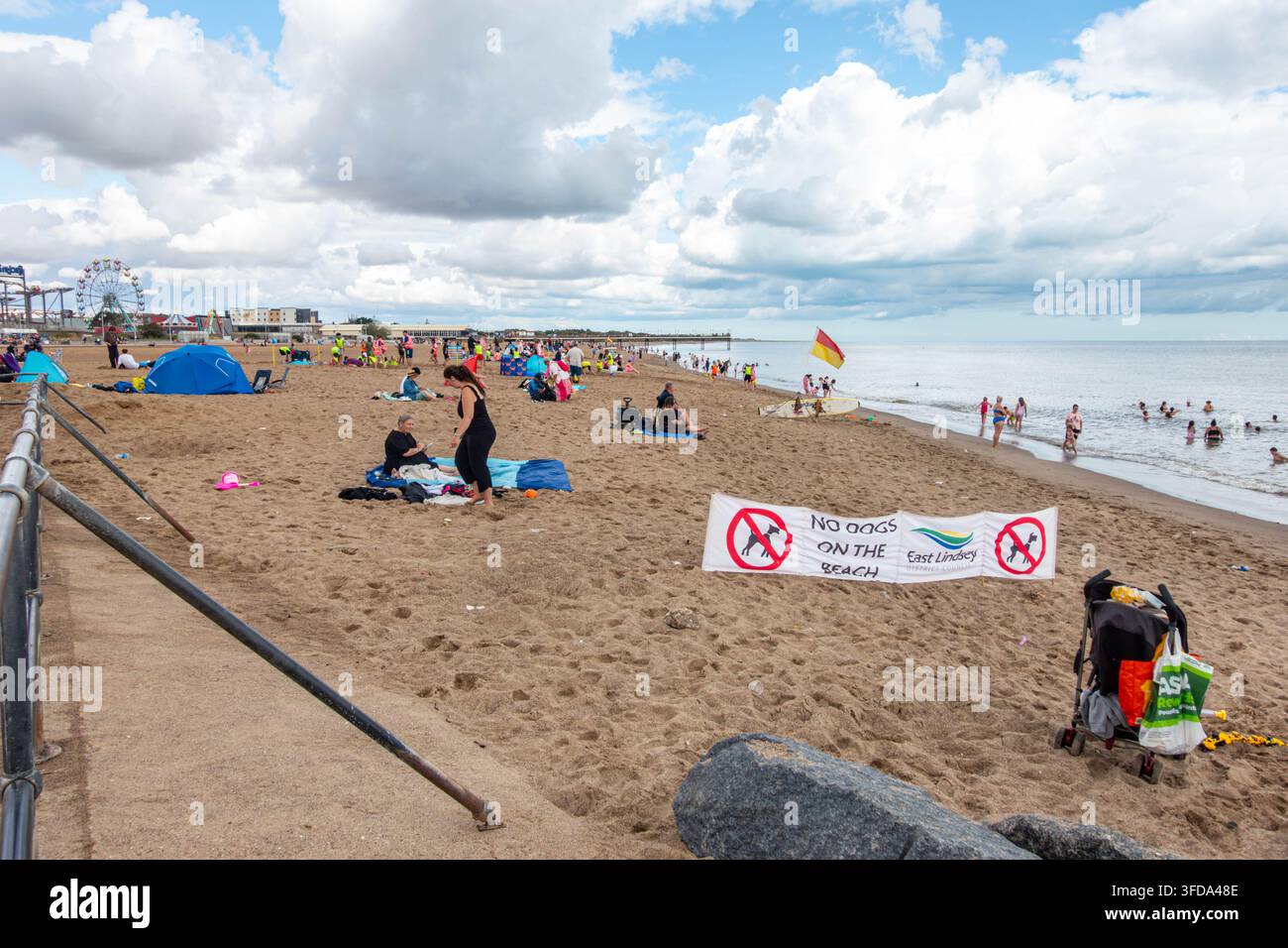 Ein großes Banner am Strand von Skegness in Lincolnshire, UK, informiert Besucher, dass Hunde auf diesem Abschnitt des Strandes nicht erlaubt sind Stockfoto