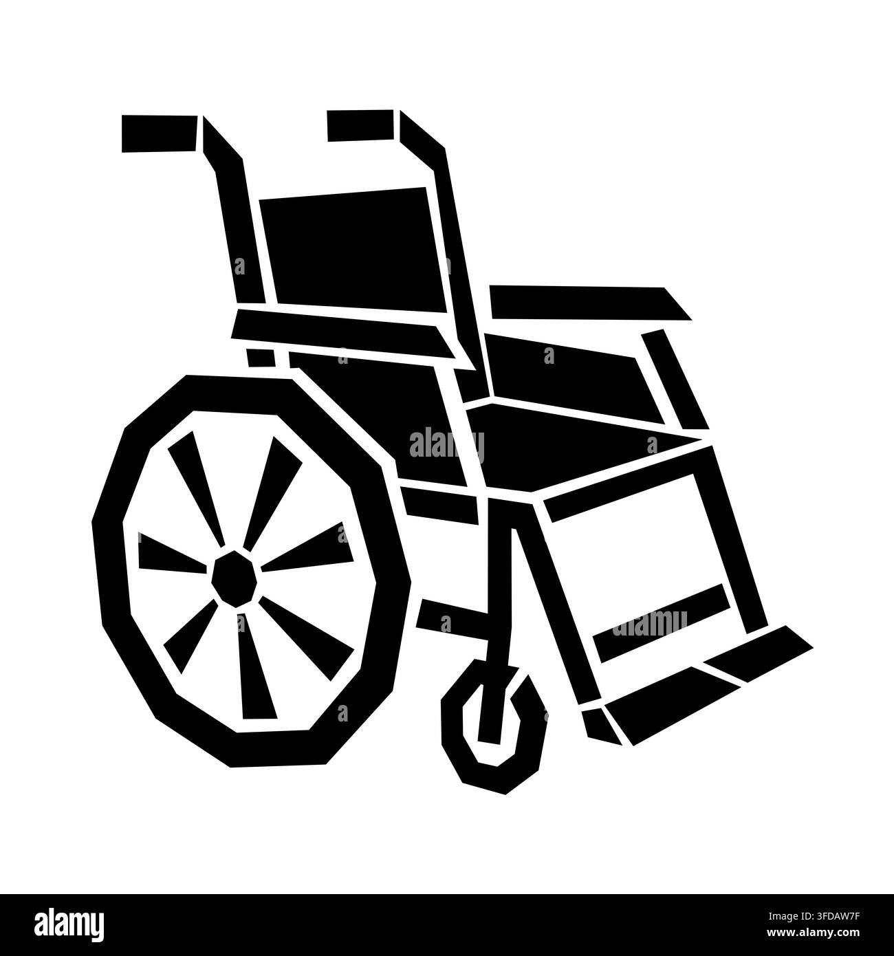 Minimalistische schwarz-weiße geometrische Illustration eines Rollstuhls, geeignet für Konzepte rund um Behinderung, Barrierefreiheit, Mobilität, Gesundheitswesen und Unterstützung. Stockfoto