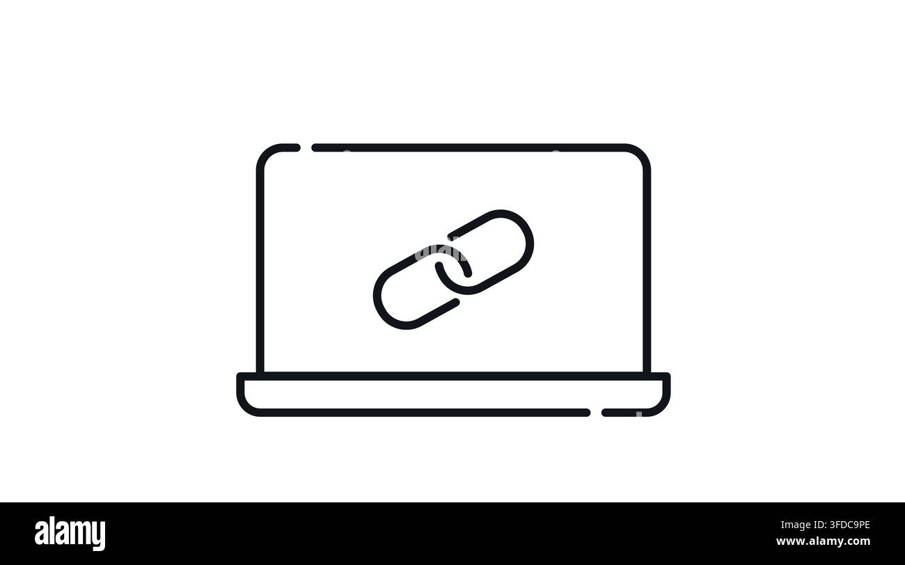 Laptop-Computer mit Kettenglied-URL-Symbol auf dem Bildschirm, Vektor-Icon. Schwarzer Linienstil auf weißem Hintergrund. Stock Vektor