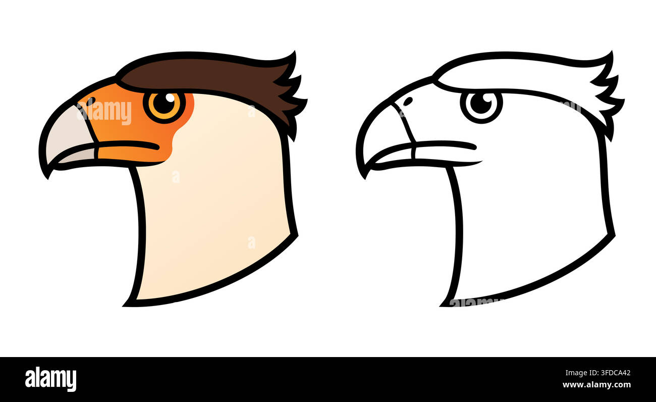 Kopfprofil-Illustration des Kammkarakaras (Traro, Carancho, Mexikanischer Adler). Schwarzweißer Umriss und Farblogo. Isolierte Vektor-Clipart-Zeichnung. Stock Vektor