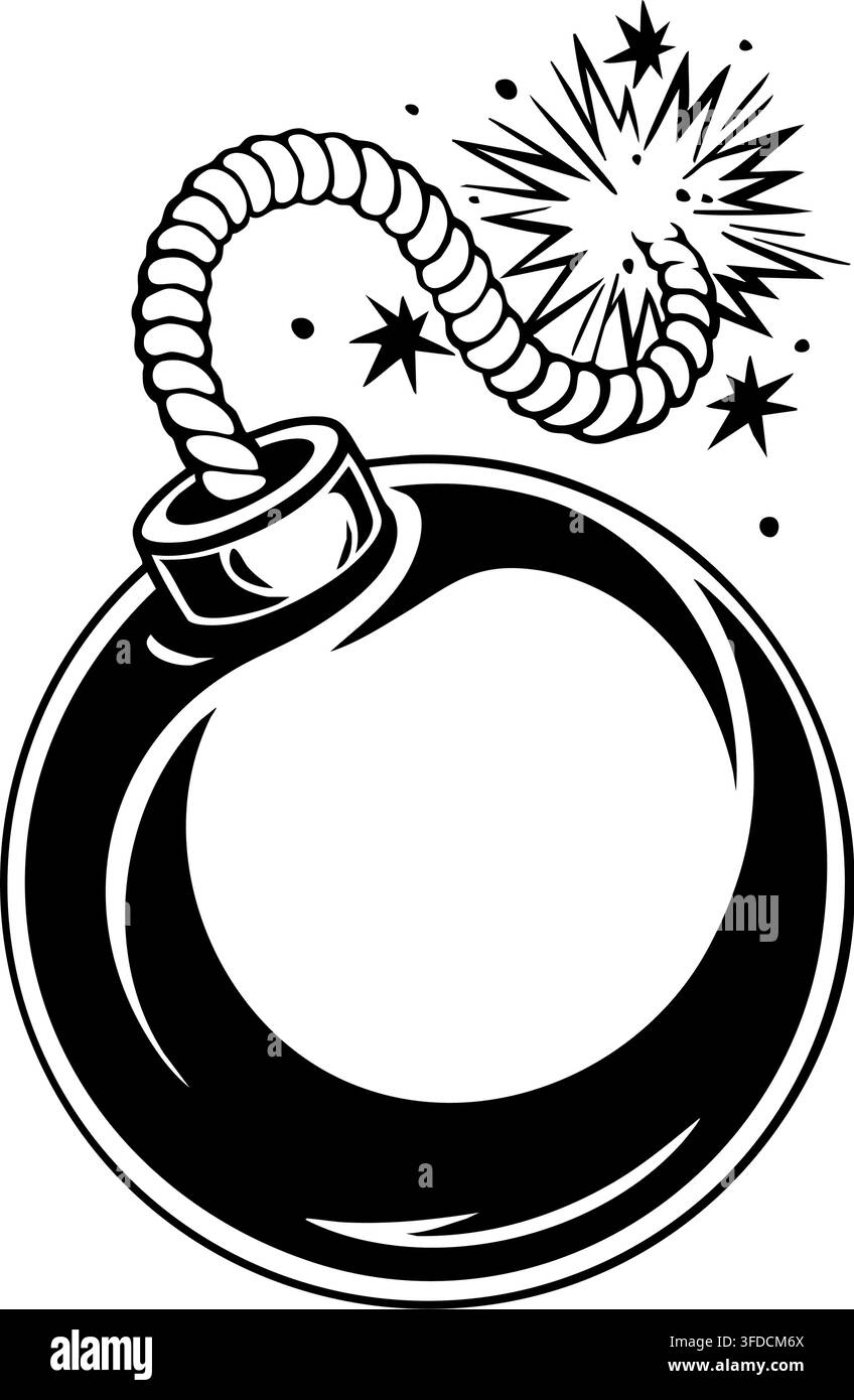 Vektor-Linienkunst-Illustration einer runden Bombe im Comic-Stil mit brennender Zündschnur und Funken in schwarz-weißem Hochkontrast-Zeichenstil. Stock Vektor