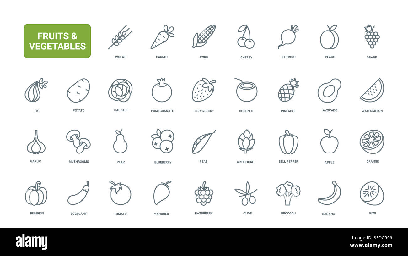 Gesunde Lebensmittelsymbole mit verschiedenen Früchten und Gemüse für Ernährung, Lebensmittel, Landwirtschaft und Frischwaren-Branding, schwarze Linien-Ikonen-Set, Vektorillustration Stock Vektor