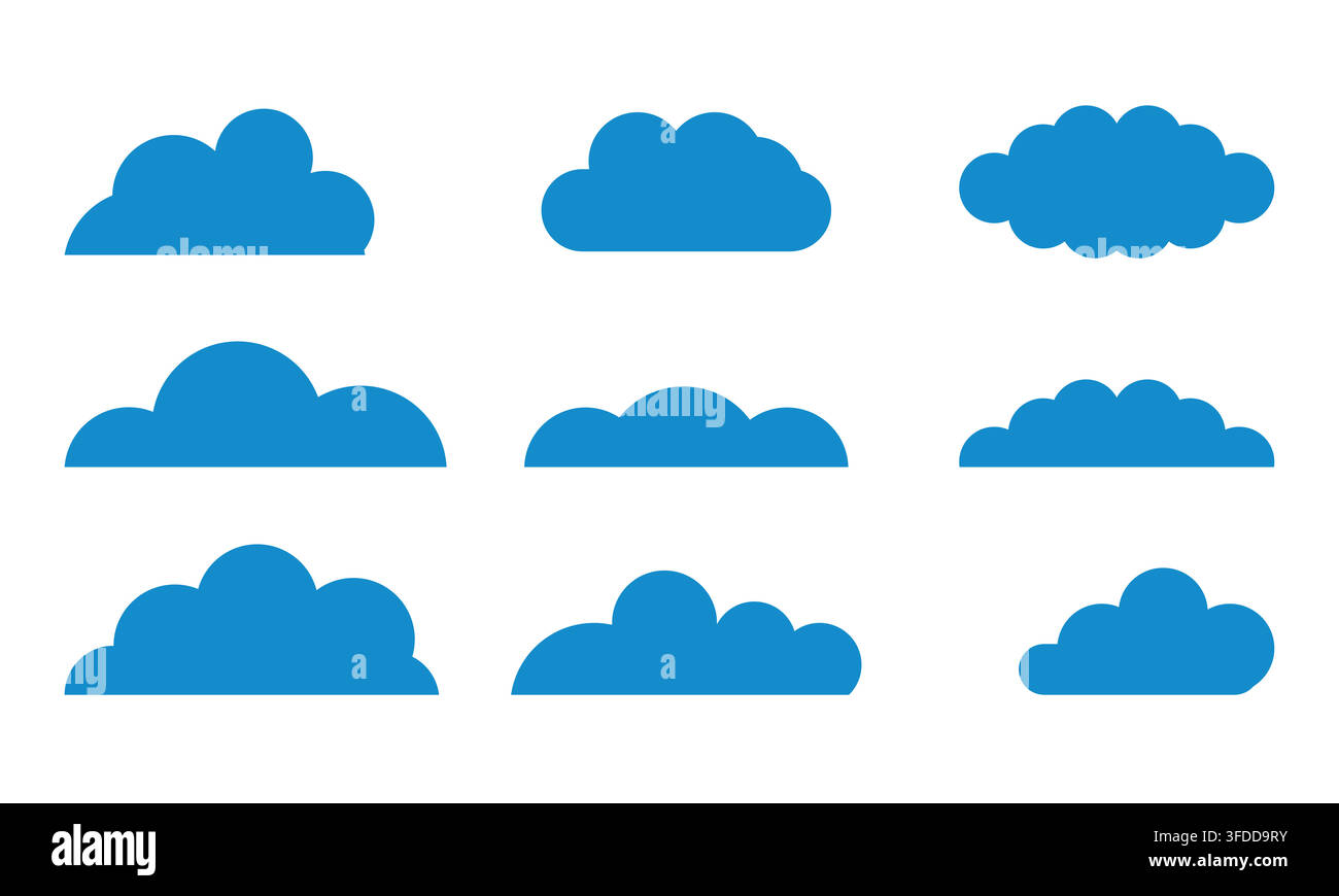 Minimalistischer Vektor-Satz mit blauen Wolkenformen, isoliert auf weißem Hintergrund für Webdesign, Apps, Grafiken und Wetter-Symbole Stock Vektor