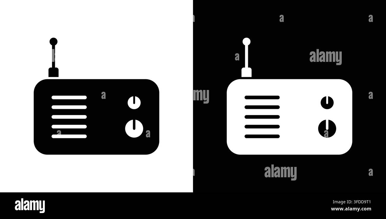 Minimalistisches Retro-Radio-Vektor-Symbol-Set mit Antenne und Bedienknöpfen in Schwarz-Weiß-Versionen Stock Vektor
