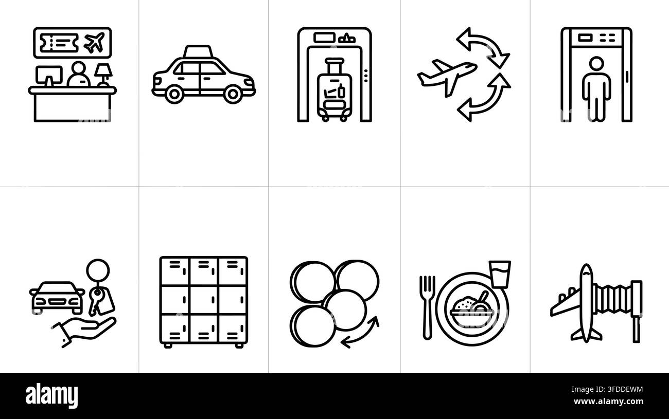 Schwarzes Outline-Ikonen-Set von Flughafendienstleistungen und Reise Annehmlichkeiten auf transparentem Hintergrund. Stock Vektor