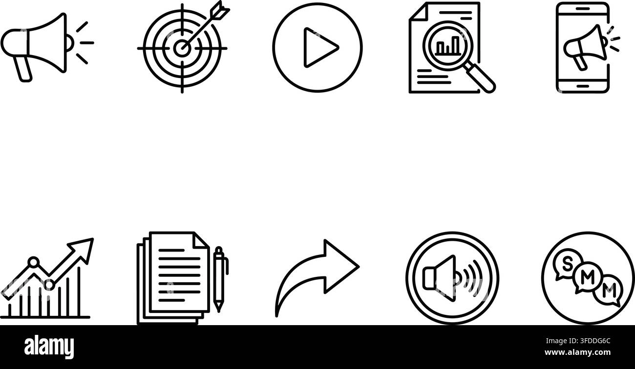 Marketing-Symbol-Set mit Zielsymbol, Wiedergabe-Taste, Dokumentenanalyse, Trillerpfeife und Social-Media-Symbolen für Geschäftswachstum. Stock Vektor