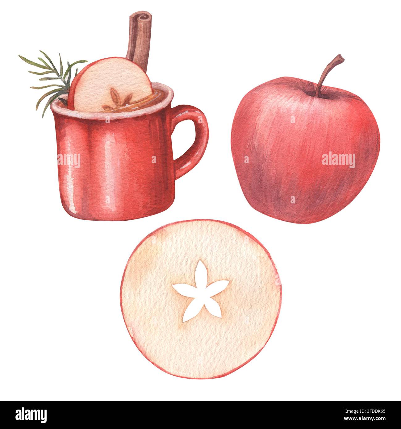 Satz von drei Objekten: eine rote Tasse mit einem Wintergetränk, ein ganz reifer Apfel, eine runde Apfelscheibe. Handgezeichnete Aquarellillustration, isoliert auf weißem Hintergrund Stockfoto