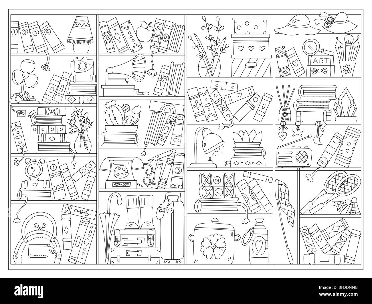 Überfüllte Regale halten viele Bücher, Wohnaccessoires und Hobbyartikel für eine entspannte Malzeit. Stock Vektor
