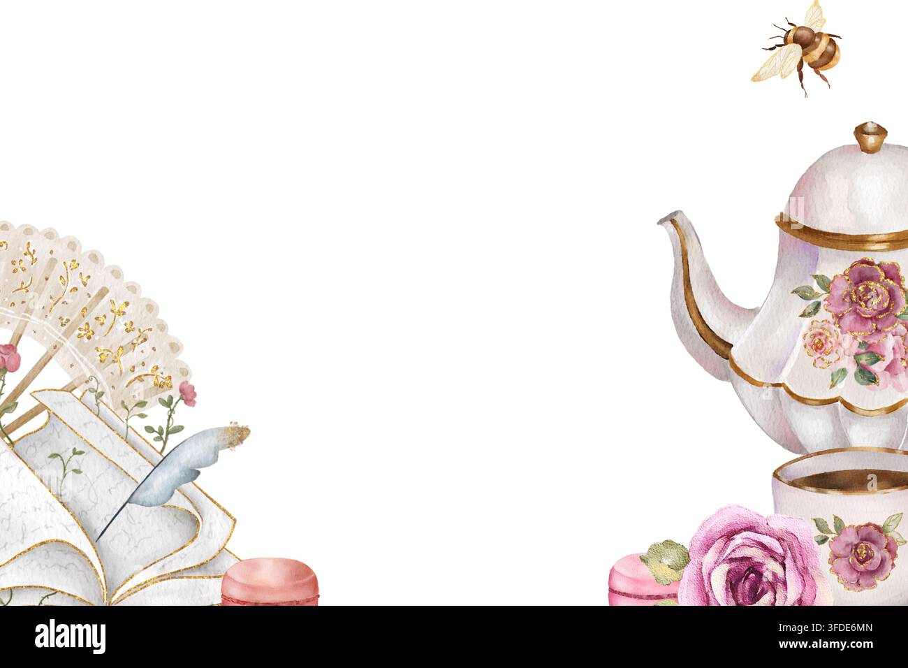 Aquarell-vintage-Eckrahmen mit einer blumigen Porzellan-Teekanne, Büchern, Faltfächer, rosa Rosen und Macarons, eine Illustration für Retro-Einladungen, ich Stockfoto