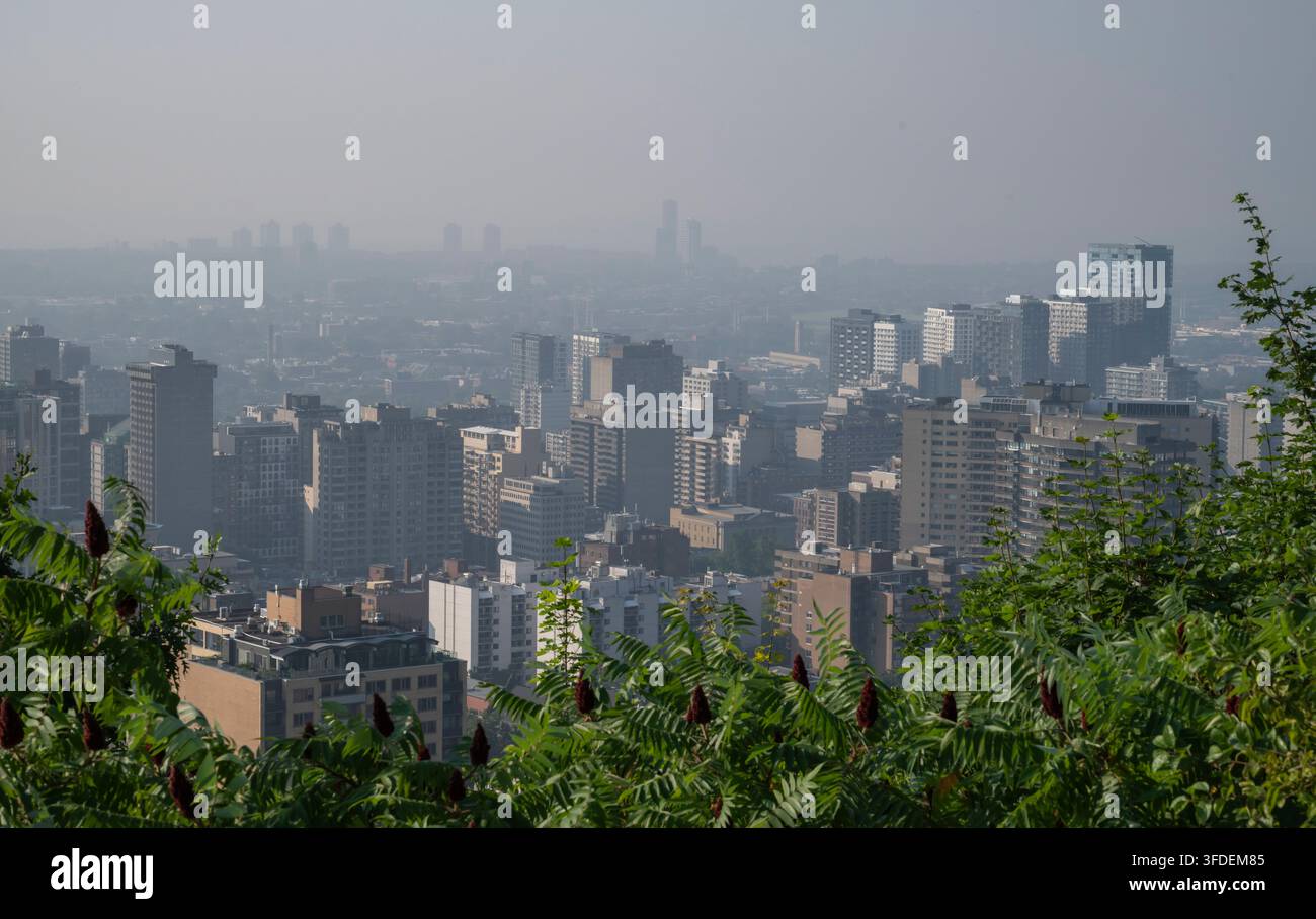 Panoramablick vom Mont Royal über Montreal, das in Smog gehüllt ist Stockfoto