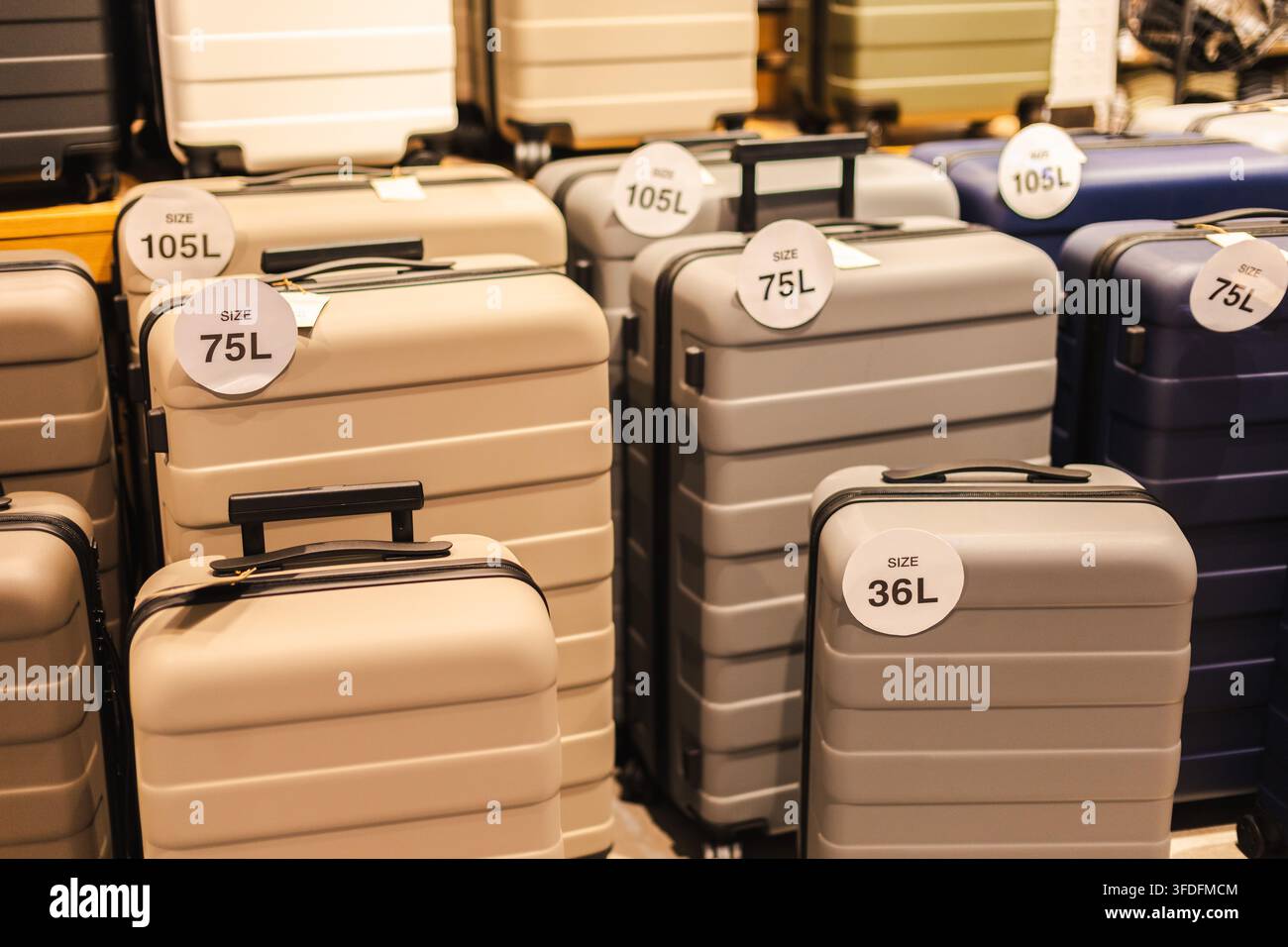 Hartschalenkoffer in verschiedenen Größen auf Einzelhandelspräsentation Stockfoto