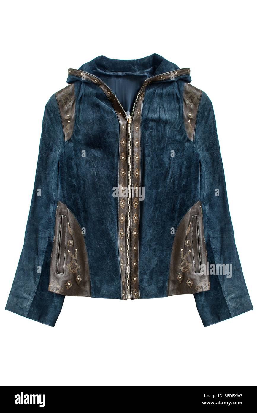 Dunkelblaue Wildlederjacke mit Lederdetails isoliert auf weißem Hintergrund Stockfoto