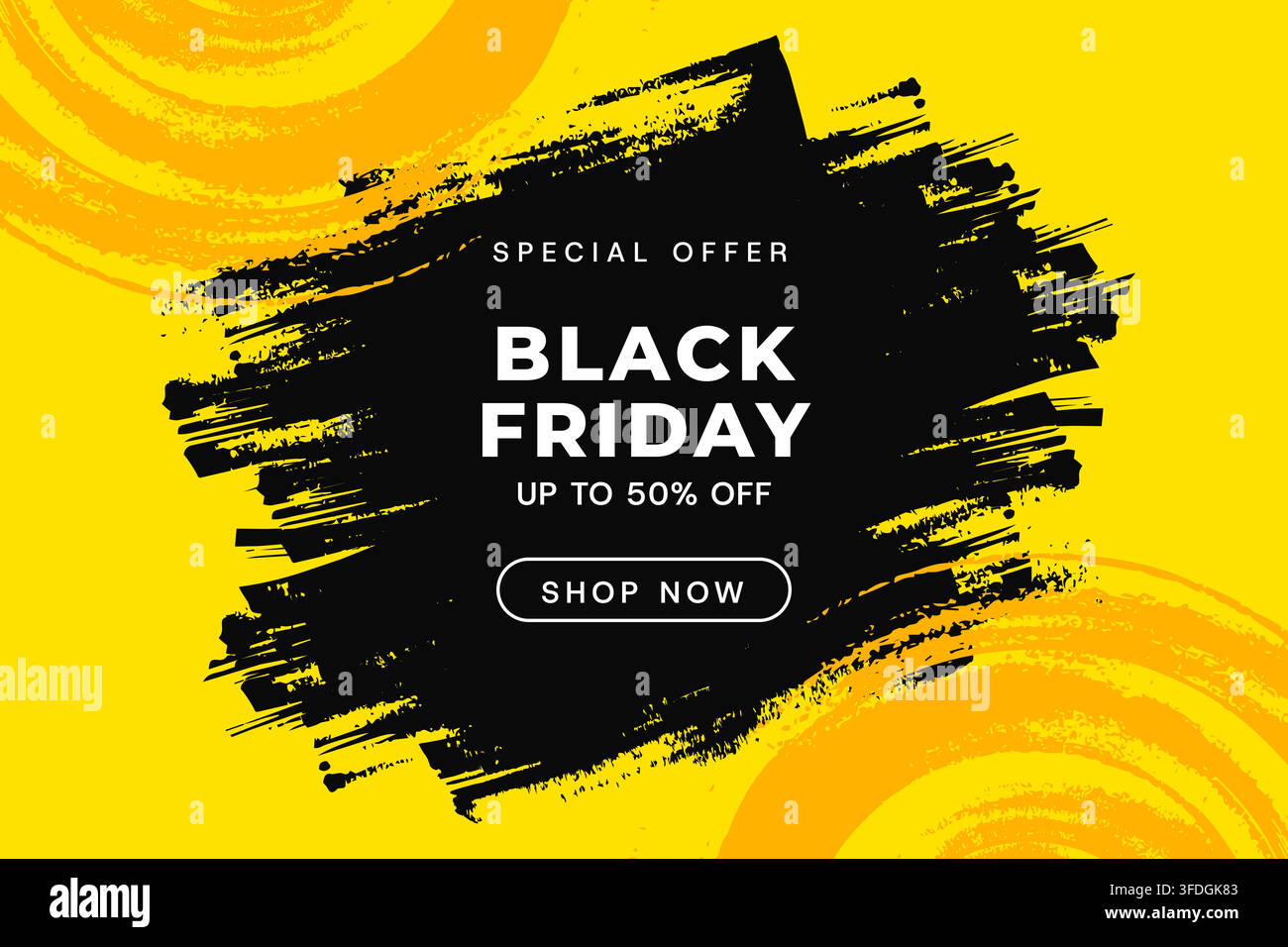 Schwarzer Freitag Verkaufs-Banner-Hintergrundvorlage mit Pinselstrich-Textur und gelbem abstraktem Wirbel für Sonderangebot-Promotion Stock Vektor