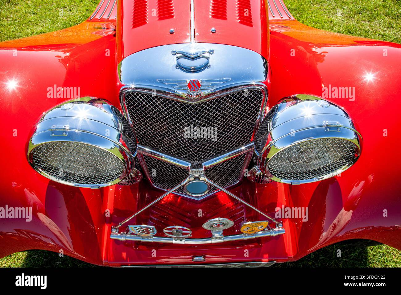 Vintage SS Jaguar 100 Sportwagen mit einer glänzenden Chromgrill und Scheinwerfern von vorne auf Gras fotografiert Stockfoto