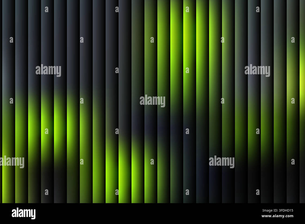 Moderner abstrakter Hintergrund mit vertikalen Streifen und einem Farbverlaufseffekt, der lebhafte Limettengrün- und tiefe Dunkelgrautöne für ein schlankes Design vermischt. Stock Vektor