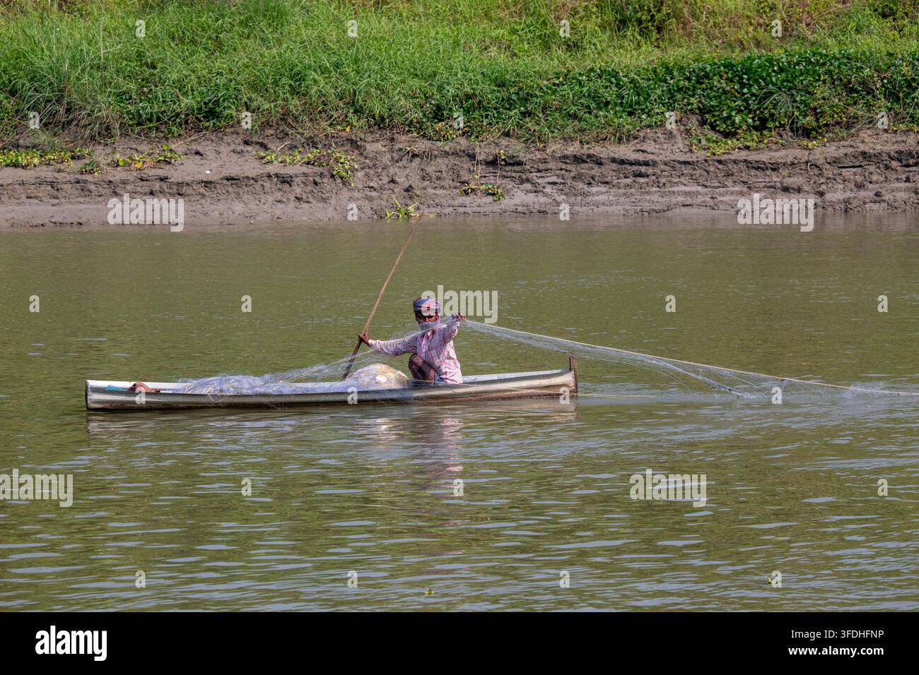Ein einsamer Fischer in einem traditionellen Kanu verwendet ein Netz, um Fische in einem ruhigen, breiten Ganges-Fluss zu fangen, der von üppigen grünen Ufern umgeben ist Stockfoto