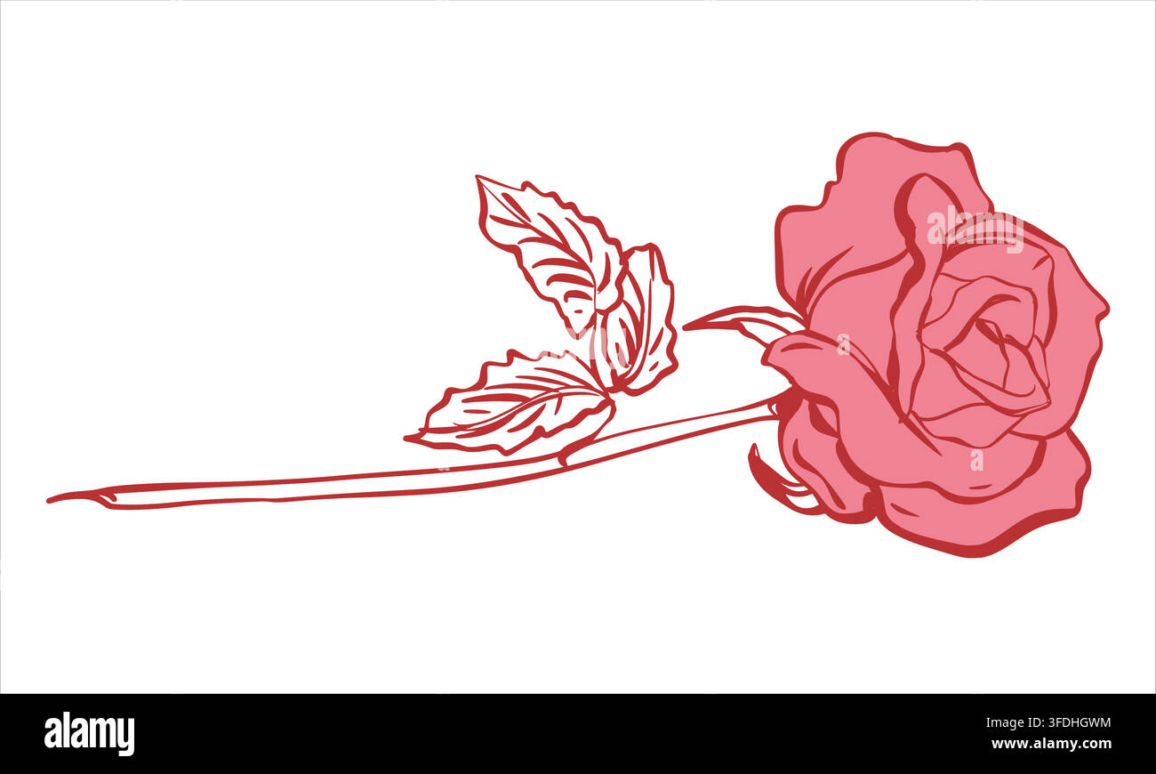 Vektor-Skizze einer Rose, die auf einem Tisch liegt. Eine stilisierte rosa Blume auf einem Stiel mit Blättern. Die Zeichnung imitiert eine schnelle Tinten-Skizze. Ein Symbol der Liebe für ein Retro-Tattoo. Coquette-Stil. Stock Vektor