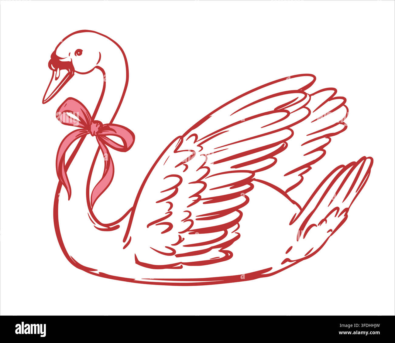 Vektor-Bild eines Schwans, der mit einer Schleife verziert ist. Symbol für Liebe und Treue, eine lebenslange Ehe. Clipart für den Valentinstag und Hochzeiten. Umrisszeichnung eines weißen Schwans. Tintenstrich-Skizze. Coquette-Stil. Stock Vektor