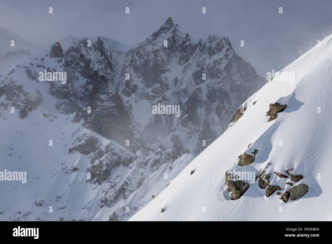 Blick auf die schneebedeckten Gipfel und felsigen Ausläufer des Massiccio del Monte Bianco in den Alpen, Valle d'Aosta, Italien. Stockfoto