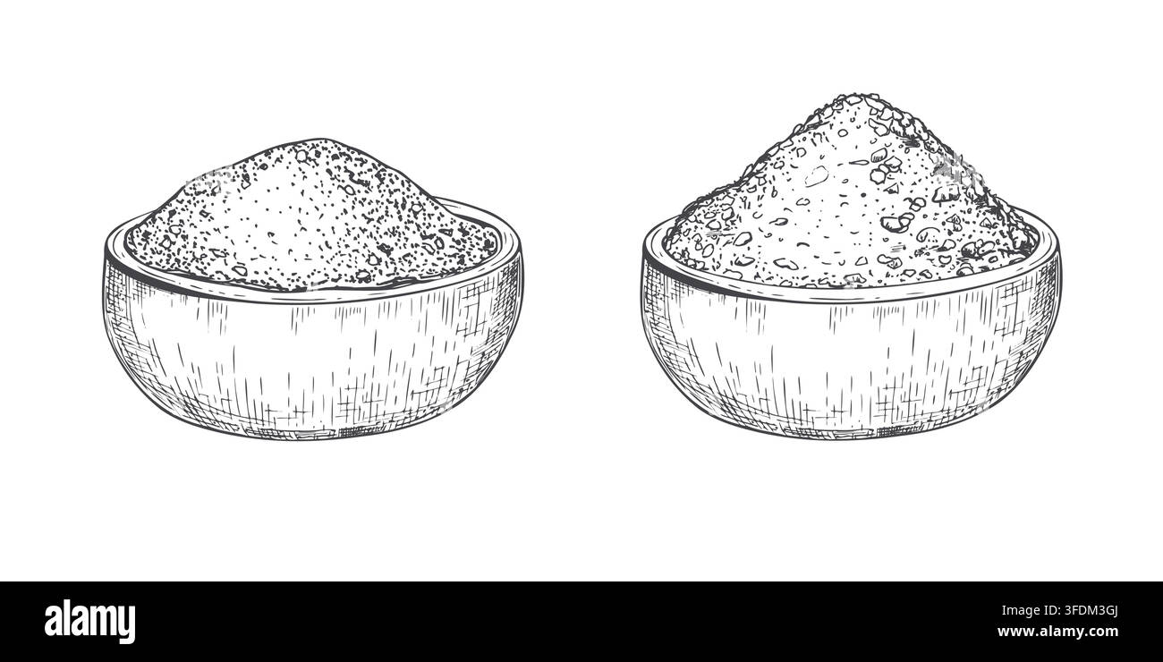 Holzschalen mit einem Haufen gemahlenem Pfeffer und Meersalz Vektorillustration. Gewürz- und Gewürzpulver handgezeichnete Illustration im schwarzen Tinten-Skizzenstil Stock Vektor