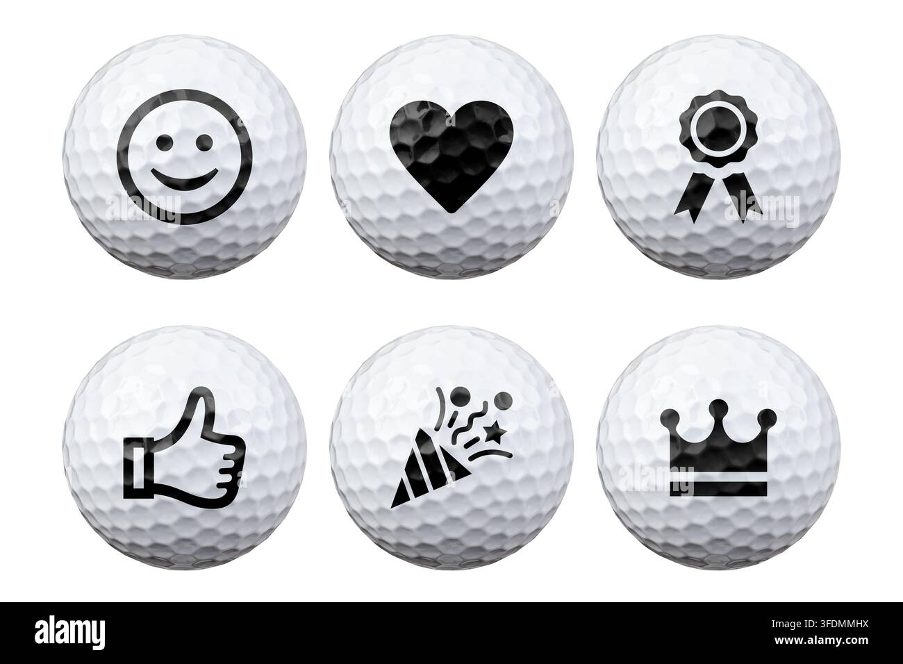 Satz von Golfbällen mit gedruckten schwarzen Symbolen isoliert auf Weiß Stockfoto