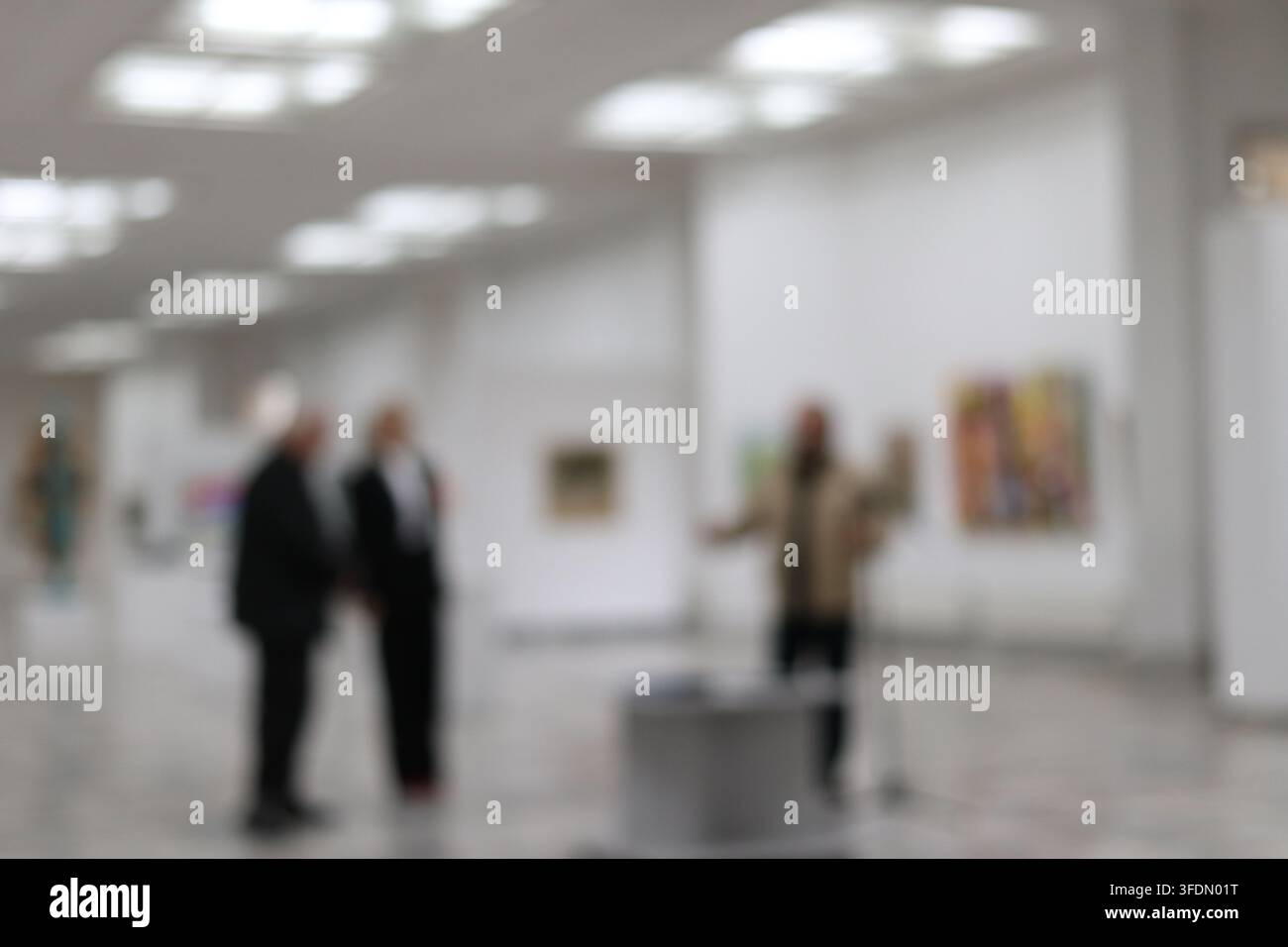 Eine Gruppe steht in einer Kunstgalerie. Eine Person spricht zur Gruppe, während andere zuhören. Die Galerie hat viele Kunstwerke an den Wänden und eine gute Beleuchtung. Stockfoto