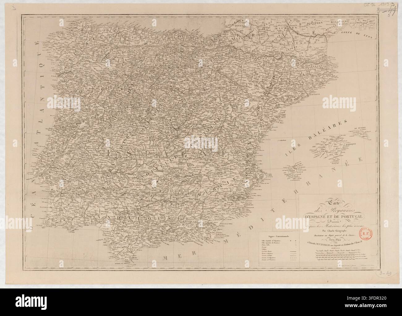 Eine detaillierte Karte der Iberischen Halbinsel aus dem Jahr 1849, die die politischen und administrativen Einteilungen von Spanien und Portugal zeigt, erstellt von Jean Baptiste Louis Charle, einem französischen Kartografen, mit von Philippe Dumortier gravierten Topografien und Schrift von Eugène-Pierre Aubert. Stockfoto