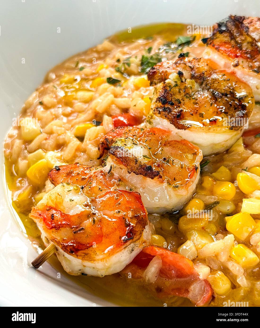Herzhaftes Risotto mit Mais und Tomaten, garniert mit einem gegrillten Garnelen-Spieß. Stockfoto
