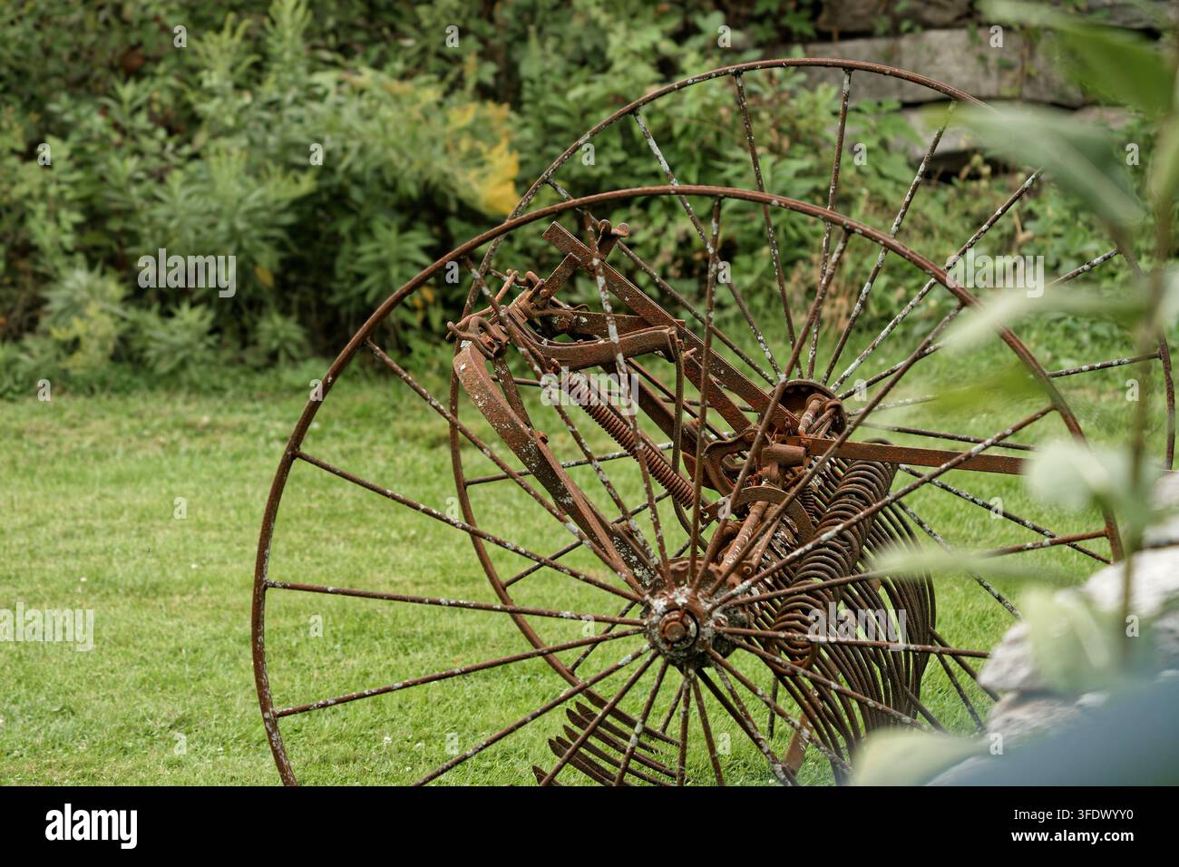 Rostige antike pferdegezogene Heurake ausgestellt in einem grasbewachsenen Garten Stockfoto