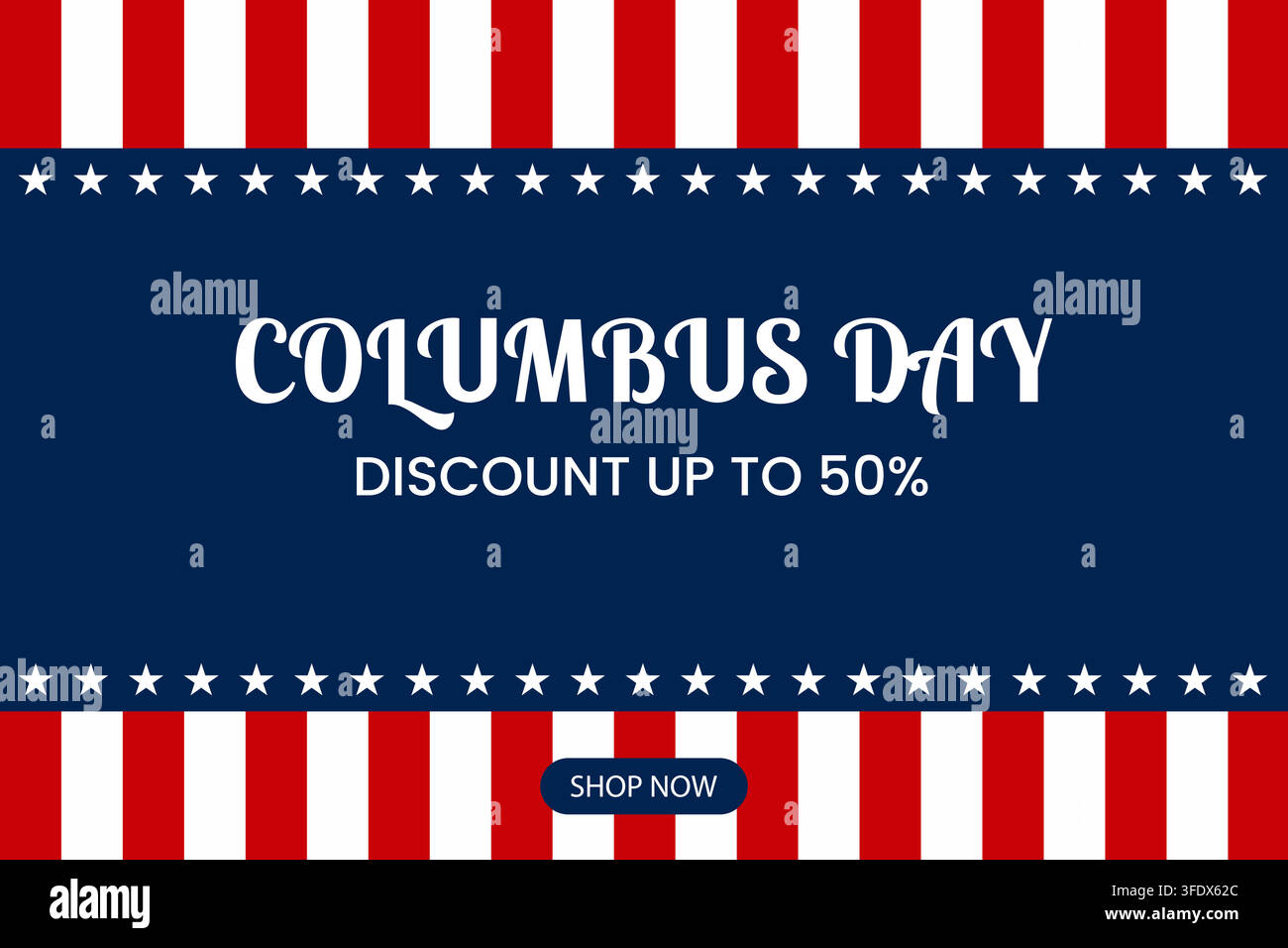 Promotionsbanner zum Columbus-Day mit einem Rabattangebot von fünfzig Prozent und patriotischem amerikanischem Flaggen-Design Stock Vektor