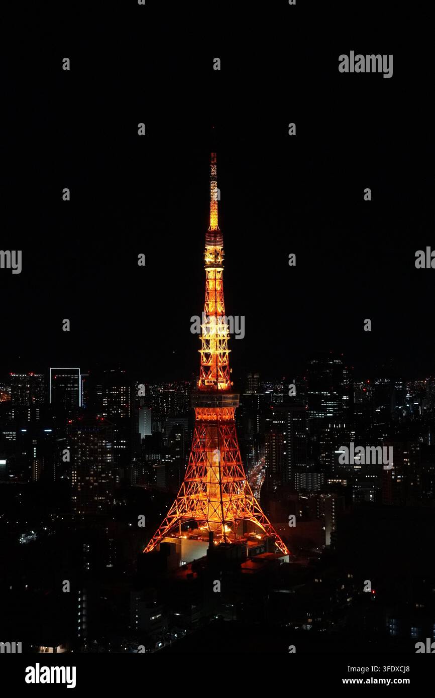 Tokyo Tower in orangefarbenen Lichtern beleuchtet vor der Nachthimmel-Silhouette von Tokio, Japan Stockfoto