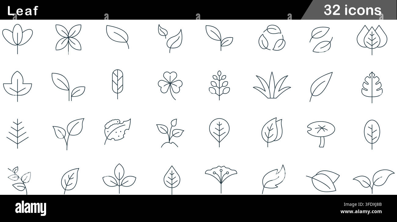 Vektor-Illustrationsset mit 32 Blattsymbolen mit grünem Laub, Kleeblatt, Öko-Recycling, Monstera, Lotusblatt, Gingko und Keimpflanze. Stock Vektor