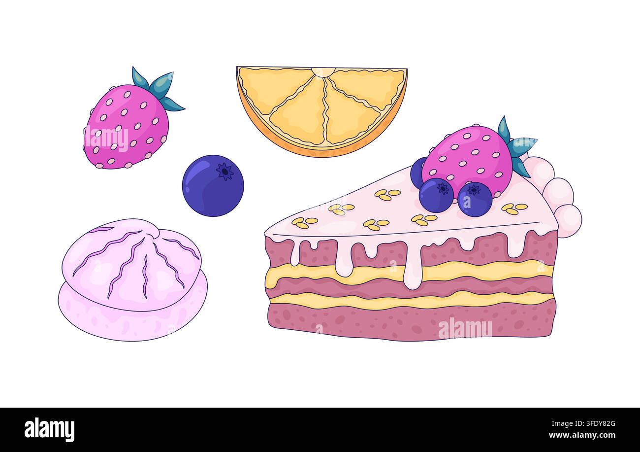 Frucht- und Beeren-Dessert 2D-Cartoon-Clip-Art-Set Stock Vektor